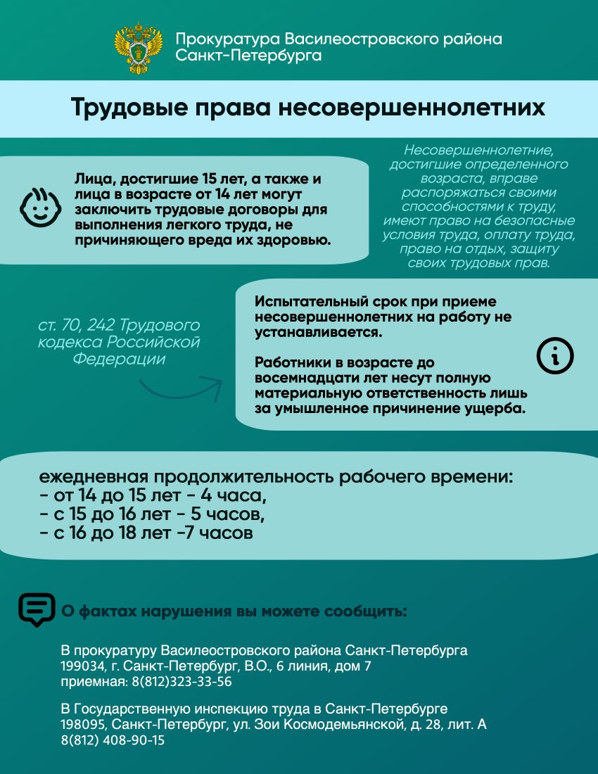 Прокуратура Василеостровского района Санкт-Петербурга информирует: Трудовые  права несовершеннолетних | Округ Морской